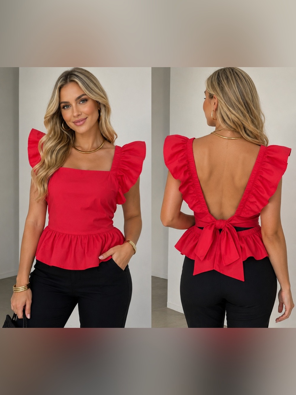 Ruffle Sleeve Tie-Back Women's Pink Peplum Dress Top Size L